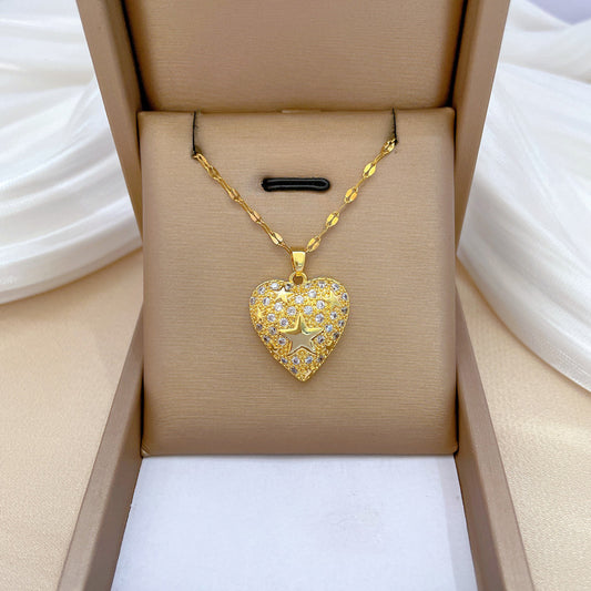 Collana con ciondolo geometrico a cuore e stella minimalista in acciaio al titanio con accenti di strass per donna e uomo