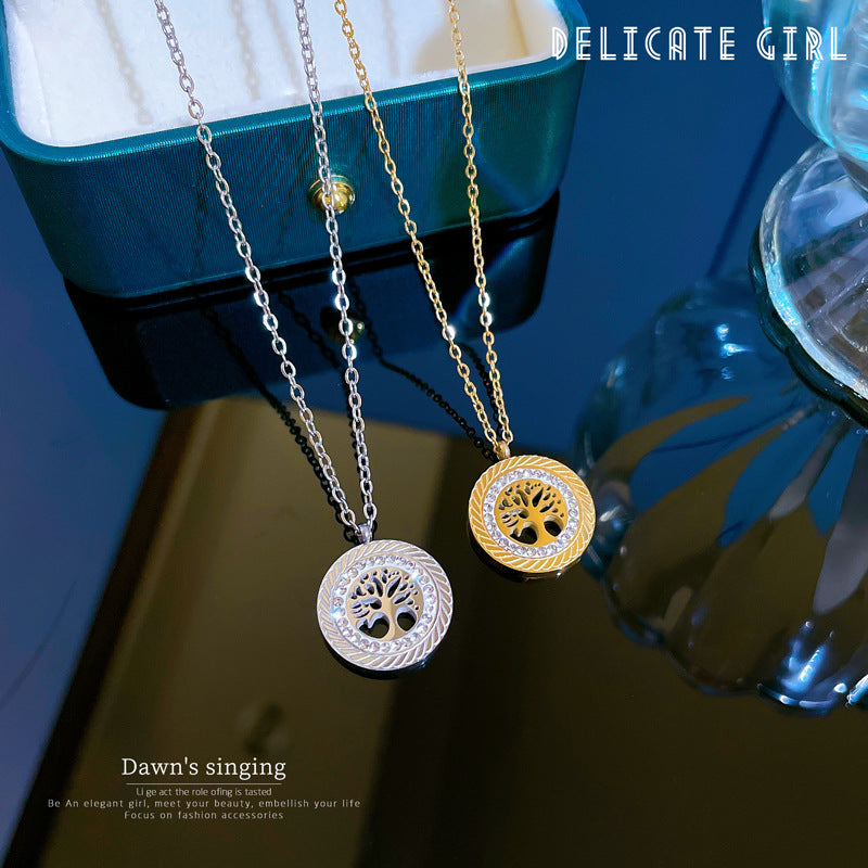 Collana pendente con albero della vita minimalista da donna in acciaio al titanio con placcatura in oro, delicata catena per clavicola