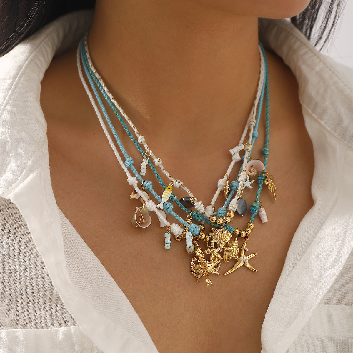 Collana con Pendente Stella Marina e Conchiglia Stile Naturale da Donna, in Acciaio Inox con Finitura Placcata Oro 14K su Catena a Cordino
