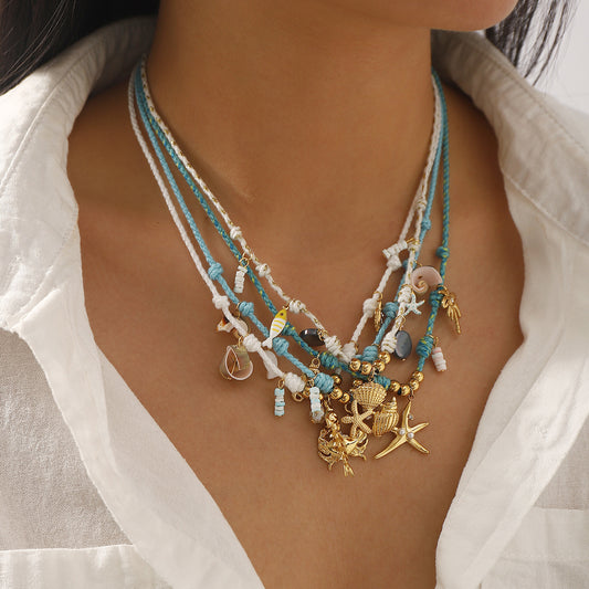 Natural Style Starfish and Seashell Pendant Necklace for Women Stainless Steel with 14K Gold Plated Finish on Cord Chain