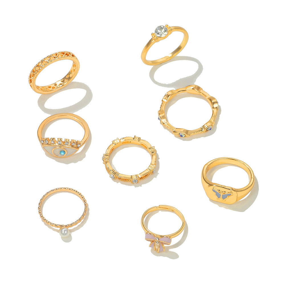 Geometric Alloy Plated Drip Oil Rhinestone Crystal Butterfly Evil Eye Joint Ring Set