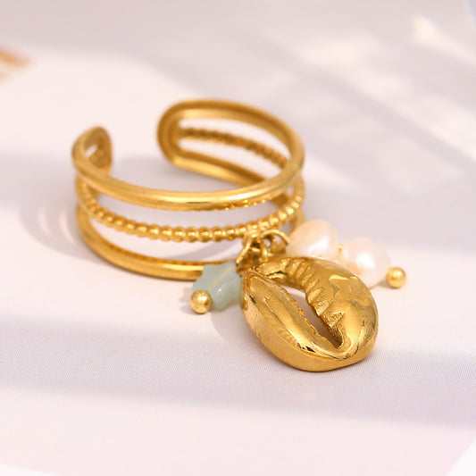 Vintage-Inspired Geometric Stainless Steel Ring with 18K Gold Plating and Pearl Shell Tassel for Women