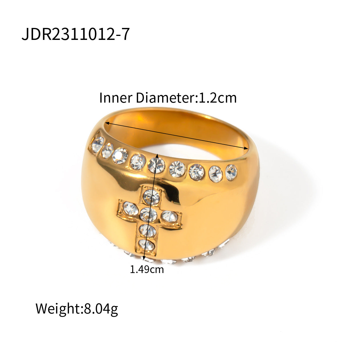 Anillo de cruz geométrico de moda chapado en oro de 18 quilates de acero inoxidable con incrustaciones de diamantes de imitación para mujer