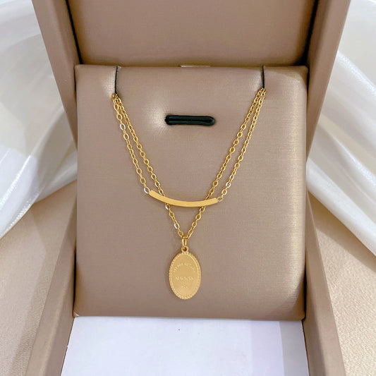 Minimalist Geometric Double-Layer Round Pendant Necklace for Women Titanium Steel with Gold Plating Locket Chain Fashion Accessory
