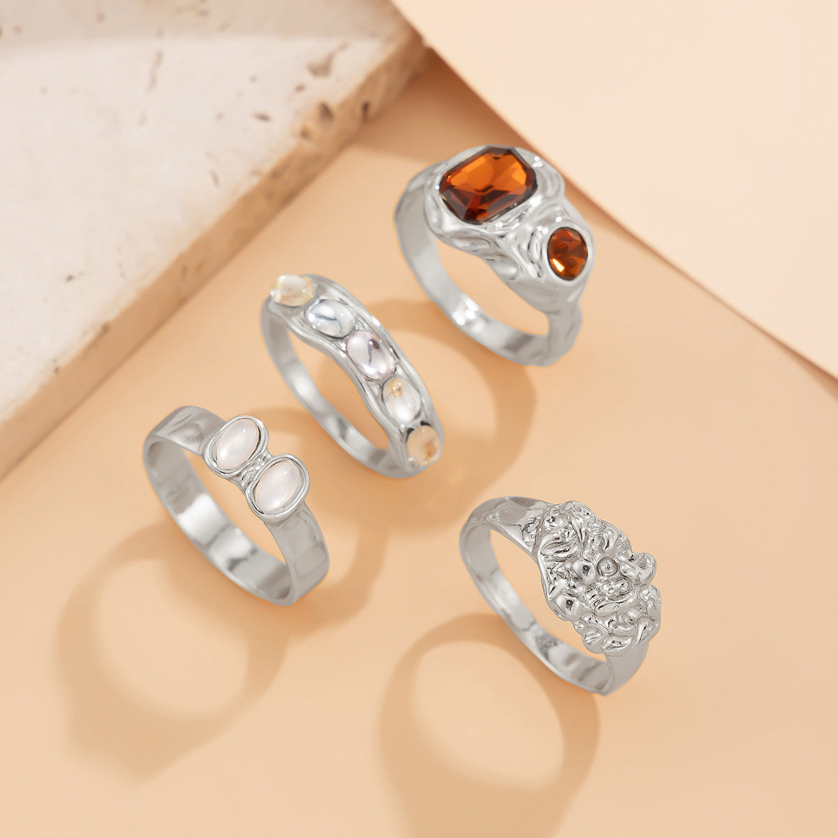 Vintage Streetwear Geometric Rhinestone Inlay Plated Alloy Ring Set for Women