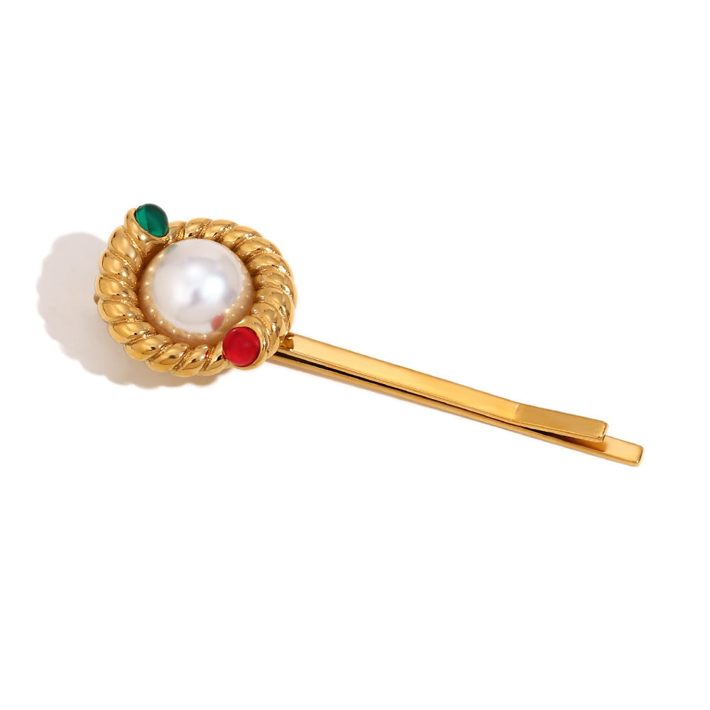 Fermaglio per Capelli da Donna con Design a Corda Intrecciata in Acciaio Inossidabile, Placcato Oro 18K e Dettagli in Perle, Ispirato al Gusto Vintage