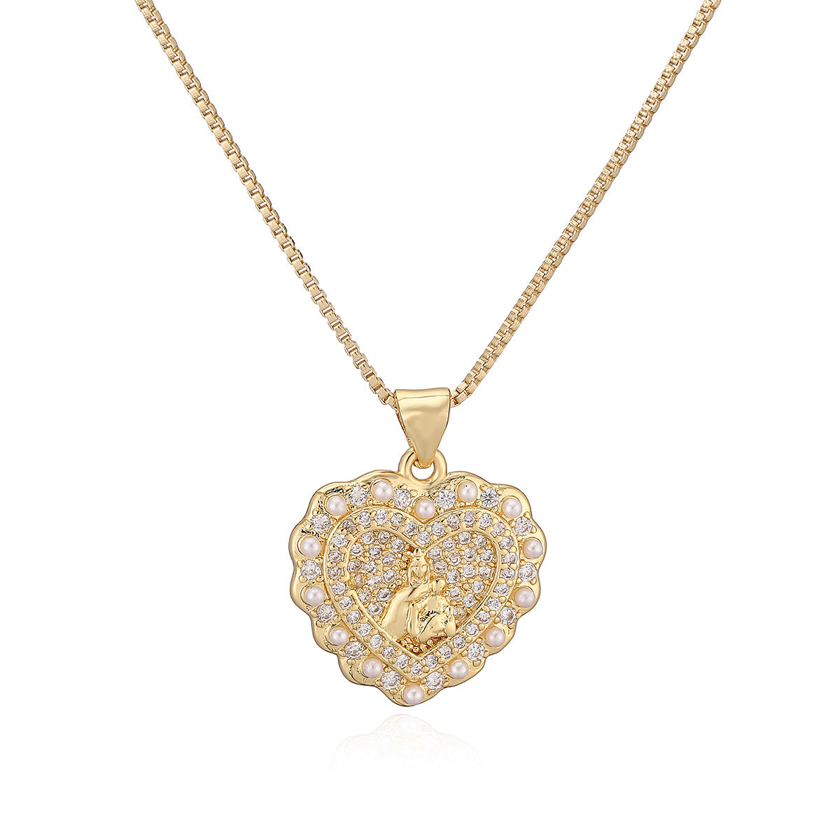 Vintage Elegant 18K Gold Plated Brass Heart Necklace with Cubic Zirconia and Pearl