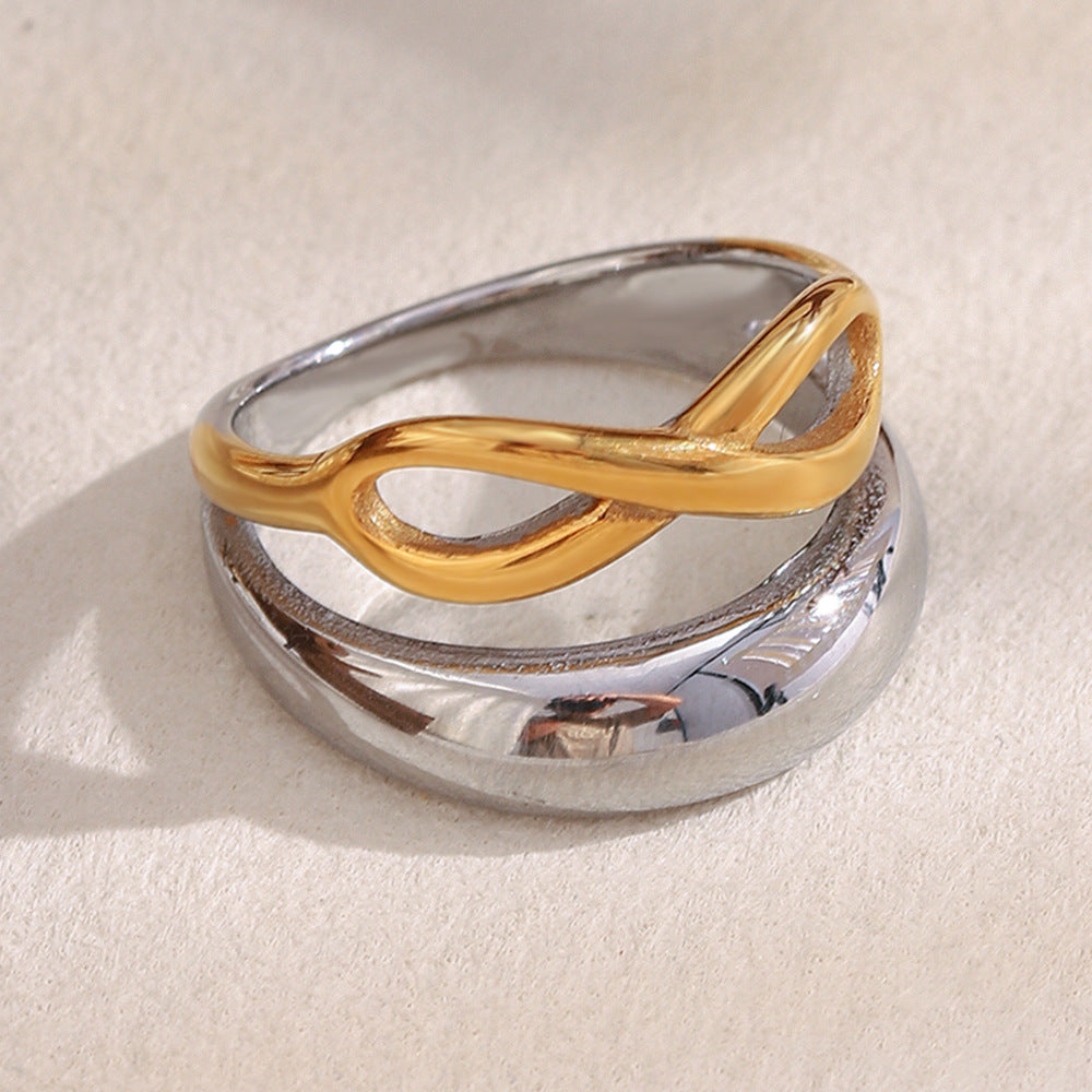 Minimalist Geometric Stainless Steel Ring with 18K Gold Plating for Women, Double-Layer Figure-Eight Design, Lightweight Luxury Hand Jewelry