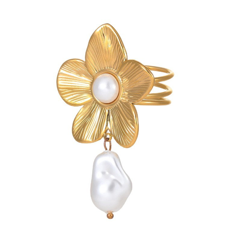 Anillo minimalista de acero de titanio con forma de lazo, incrustaciones de perlas simuladas y chapado en oro de 18 quilates para mujer