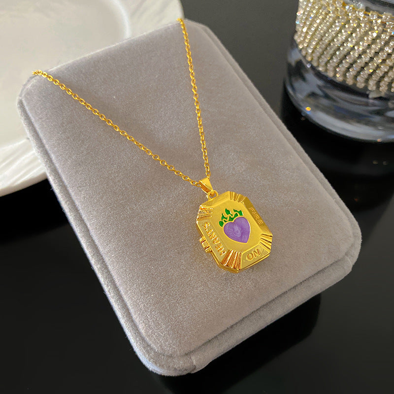 Vintage Drip Oil Floral Heart Oval Pendant Gold Plated Brass Necklace for Women
