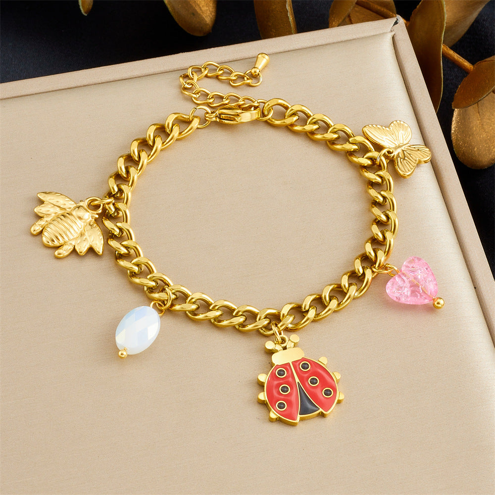 Fashion Cartoon Drip Oil Stainless Steel Butterfly Ladybug Bee Pendant Jewelry Set with Serpentine Chain for Women
