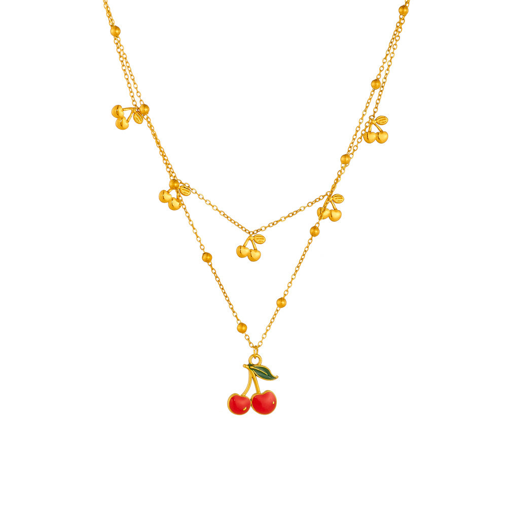 Sweet Red Drip Oil Cherry Fruit Pendant Stainless Steel Double Layer Cable Chain Necklace