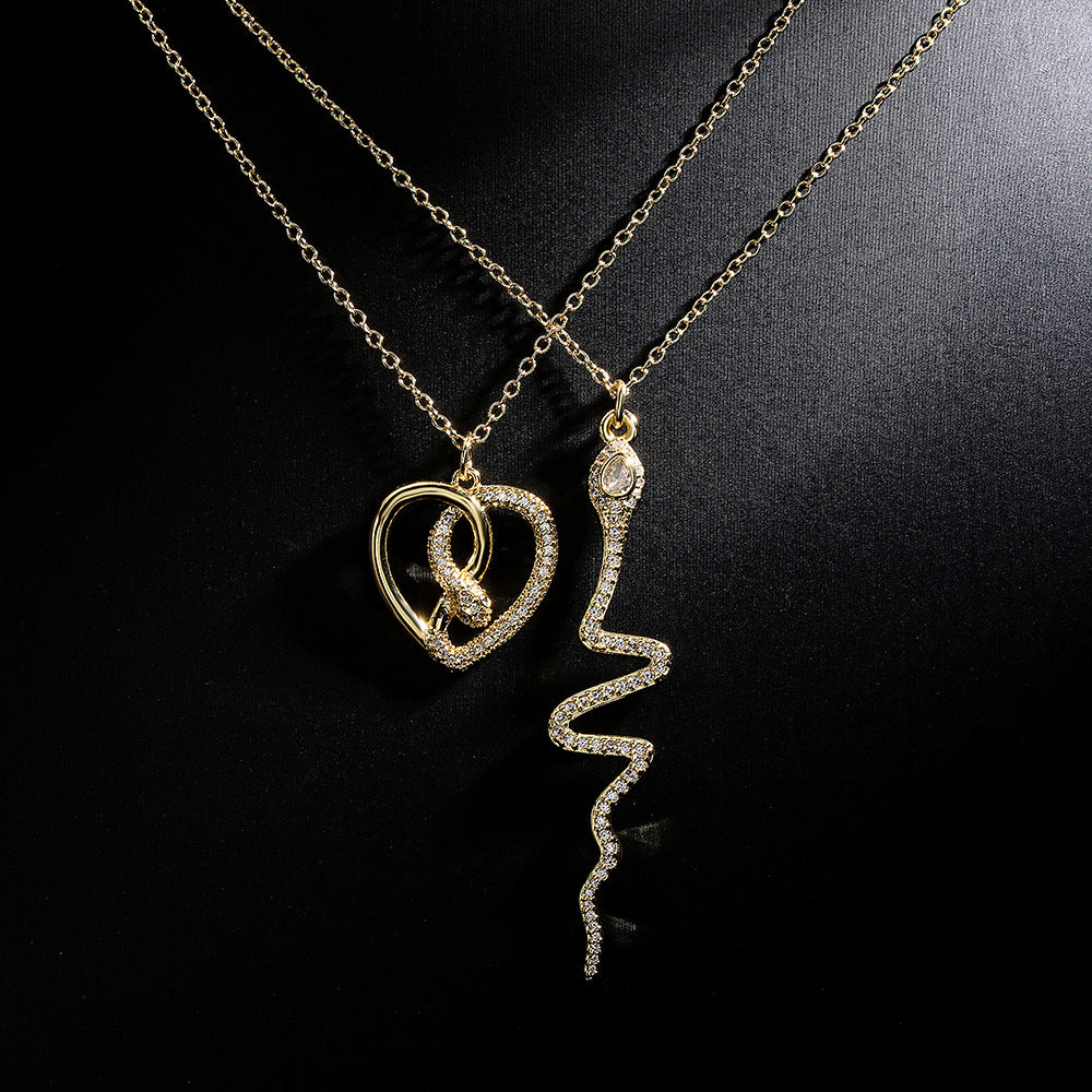Geometric Snake Pendant Necklace for Women Made of Copper with 18K Gold Plating and Zircon Inlay