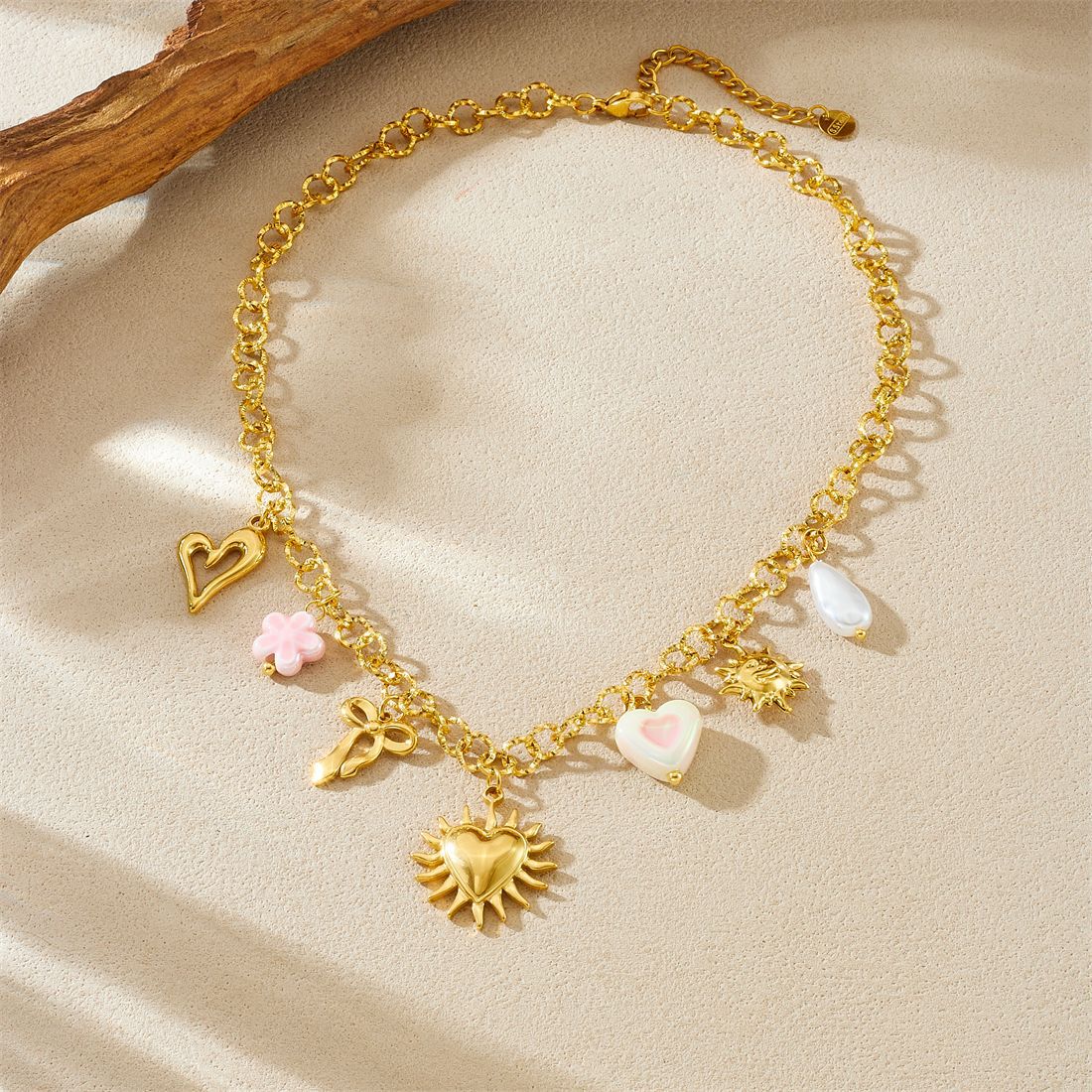 Chic Gold Plated Heart Butterfly Pearl Stainless Steel Pendant Cable Chain Necklace for Women