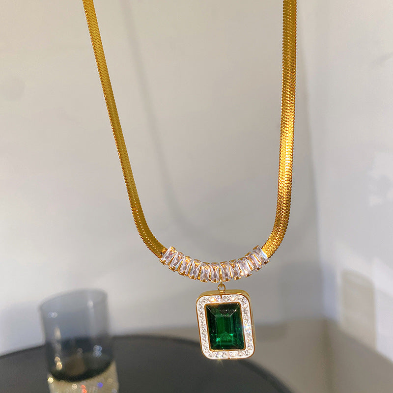 Vintage Geometric Square Plated Titanium Steel Snake Chain Necklace with Cubic Zirconia