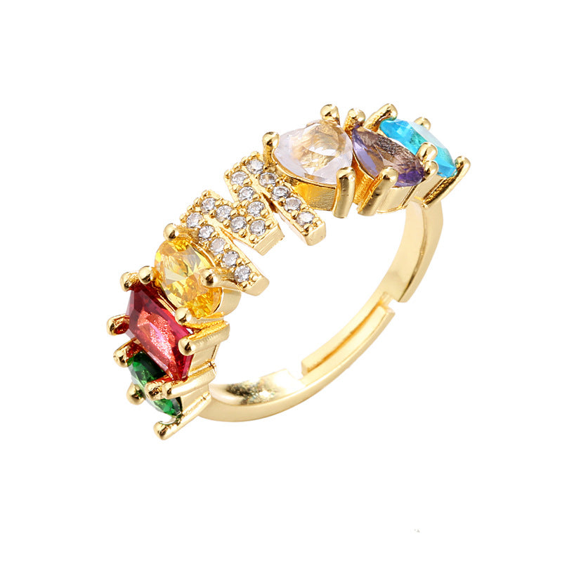 Hand-Set Cubic Zirconia Letter Open Ring Gold Plated Brass Adjustable Women