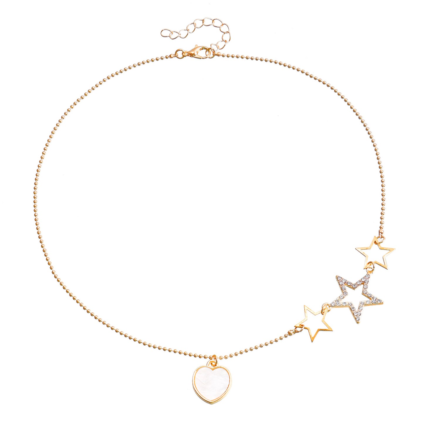 Minimalist Single-Layer Heart-Shaped Mother-of-Pearl Look Pendant Necklace with Rhinestone-Studded Star Charm and Gold-Plated Alloy Chain