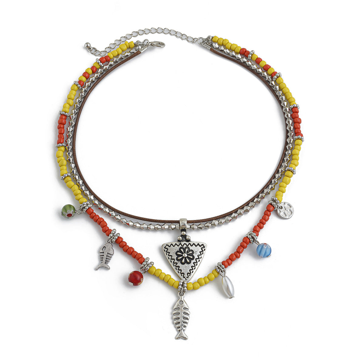 Collana pendente bohémien floreale e geometrica da donna in lega con finitura placcata, nappe e strati di perline