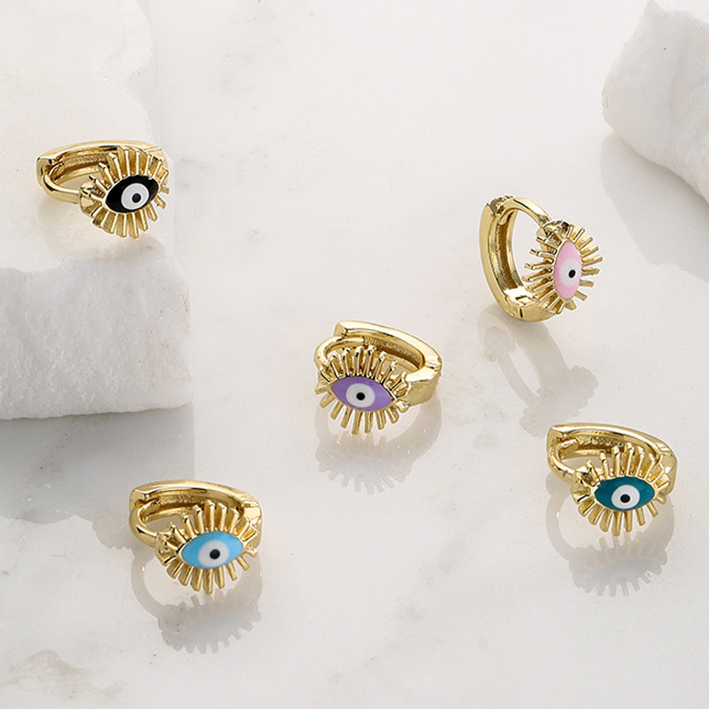Fashion Geometric Evil Eye Enamel Drop Oil 18K Gold Plated Copper Mini Hoop Earrings for Women