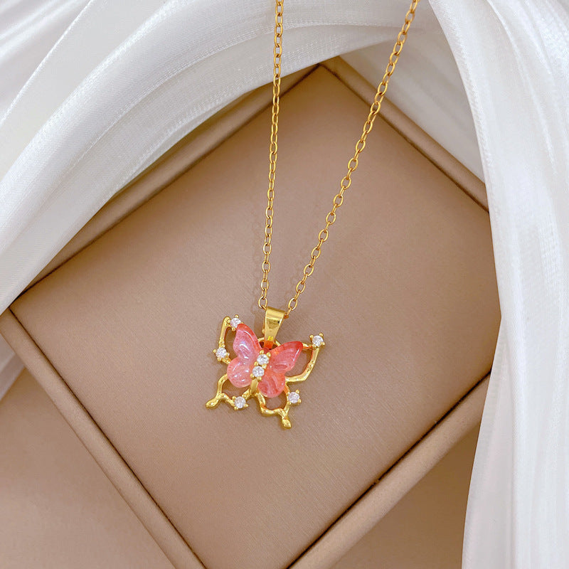 Elegant Pink Butterfly Pendant Necklace for Women Stainless Steel Delicate Hollow-Out Design with Rhinestone Accents Lightweight Clavicle Chain