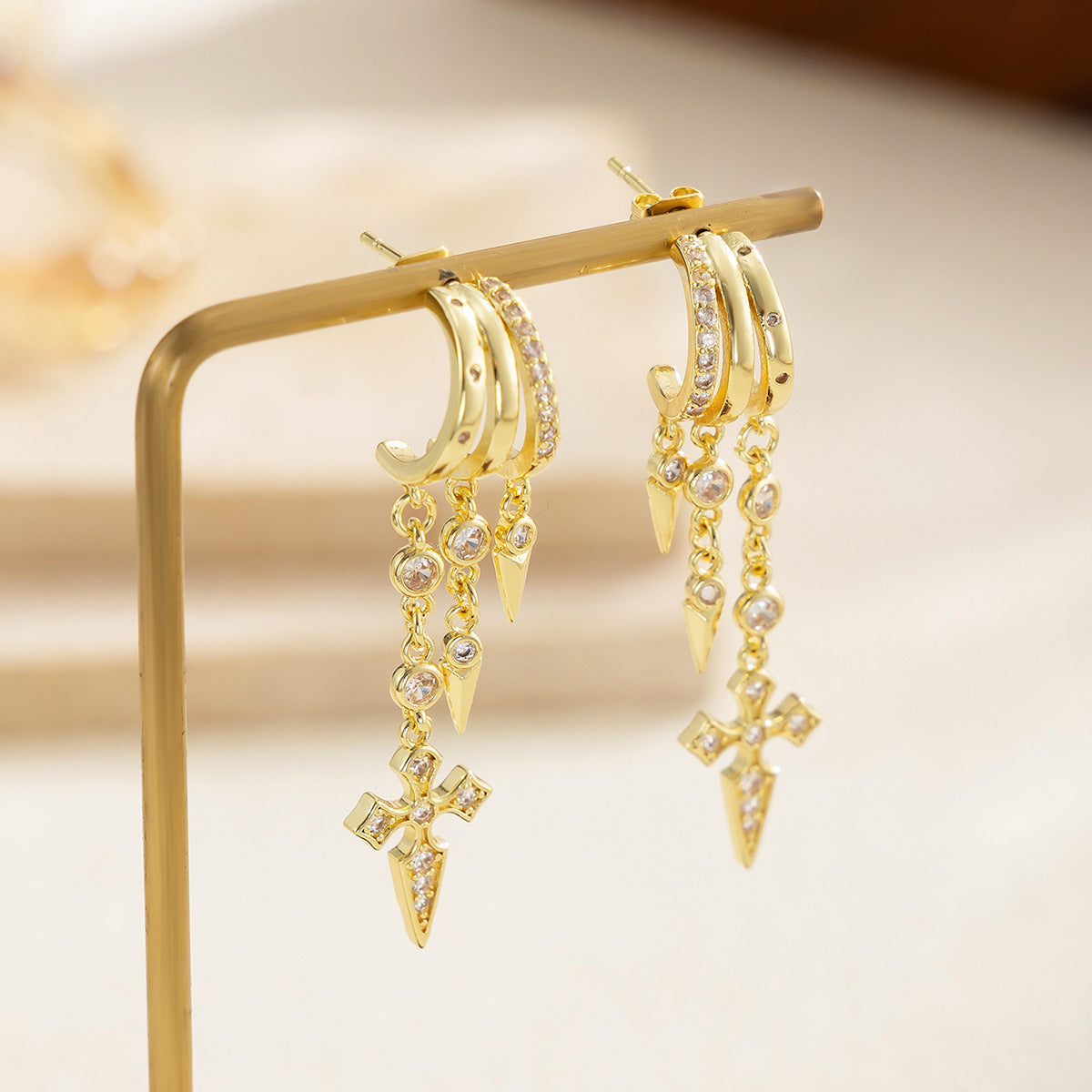 Hip-hop Punk Cross Cubic Zirconia Inlay Plated Brass Earrings for Women