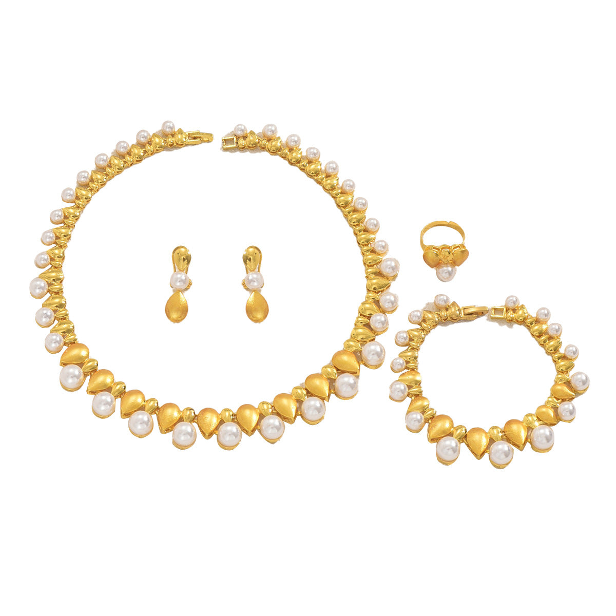 Minimalist Geometric Pearl Pendant Necklace Set with Earrings and Ring for Women Zinc Alloy Luxury Jewelry