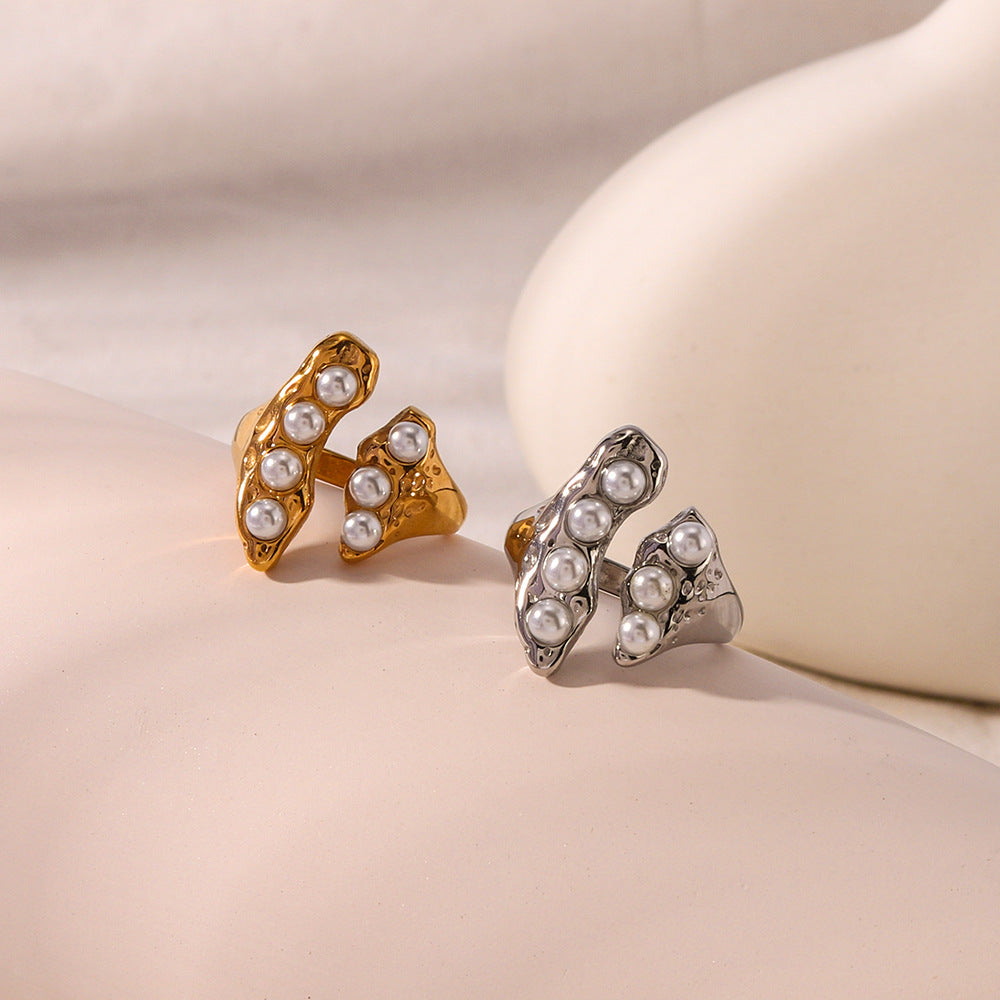 Vintage Geometric Stainless Steel Ring with Pearl Inlay Adjustable Band for Women