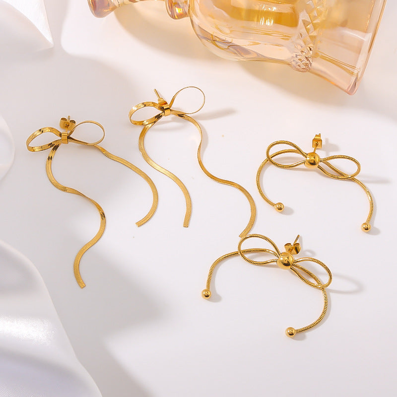 Fashion Bow-Shaped Stainless Steel Earrings with Tassel Detail and 18K Gold Plating for Women