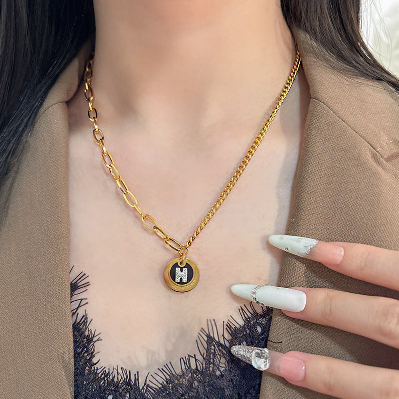 Sweet Round Letter H Titanium Steel Necklace Plated Pendant Chain Unisex Jewelry
