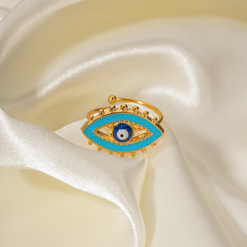 Anello da donna alla moda con occhio di Allah geometrico in smalto blu, placcato oro 18 carati in acciaio inossidabile