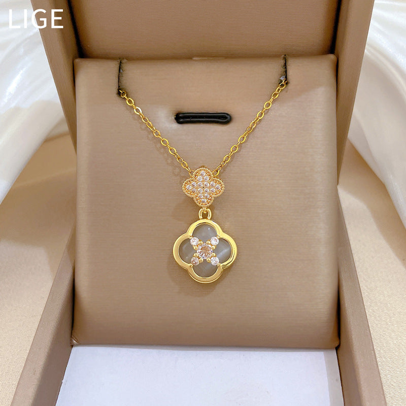 Sweet Elegant Geometric Rhinestone Cat's Eye Clover Pendant Titanium Steel Necklace for Women and Men