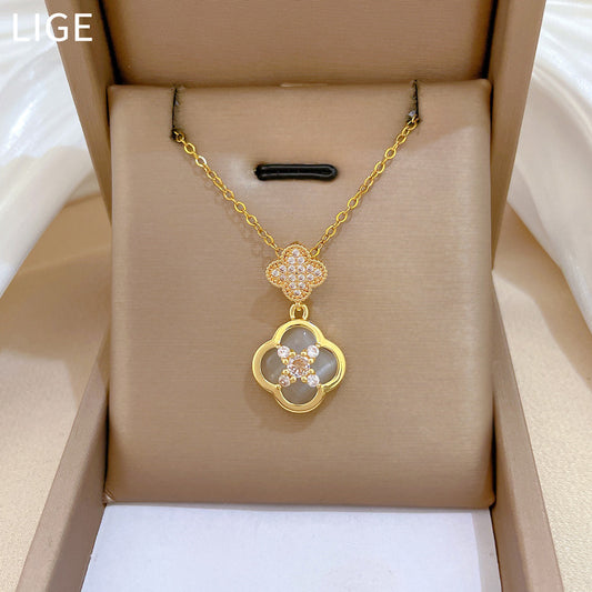 Sweet Elegant Geometric Rhinestone Cat's Eye Clover Pendant Titanium Steel Necklace for Women and Men