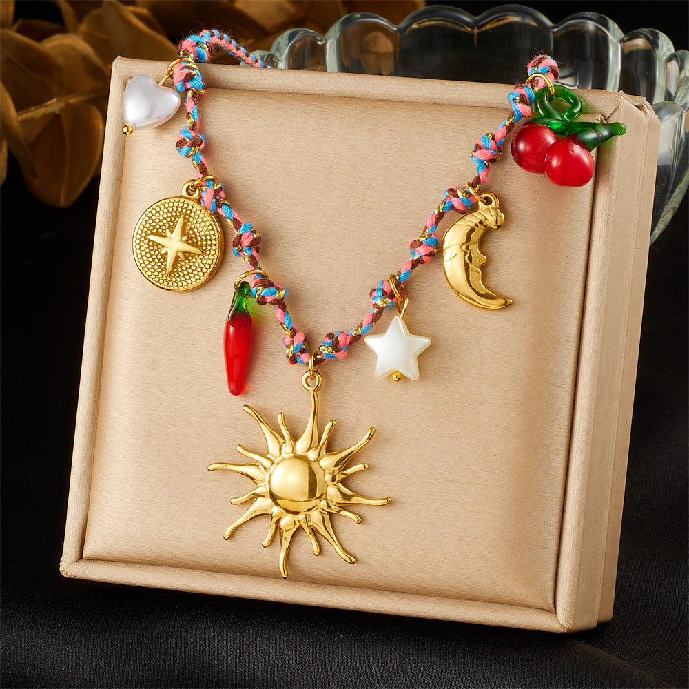 Bohemian Vintage Gold Plated Stainless Steel Rope Chain Necklace and Bracelet Set with Animal Pendant