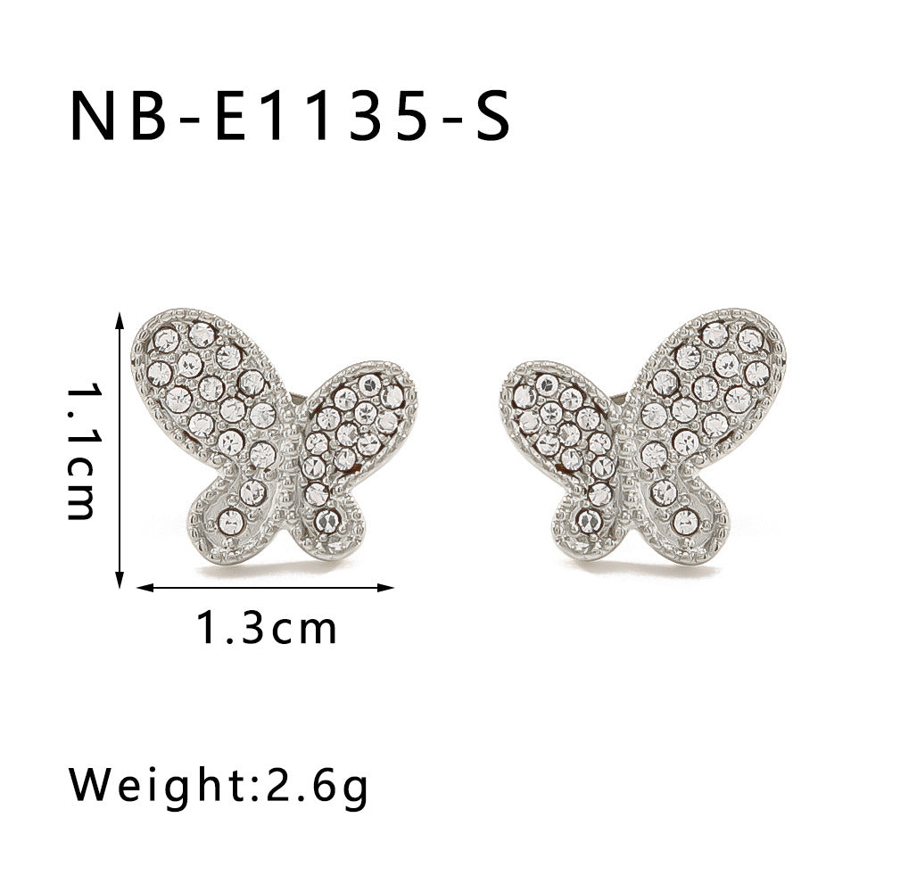 Minimalist Butterfly-Shaped Stainless Steel Earrings with Rhinestone Inlay Asymmetrical Design Hypoallergenic 18K Gold Plated