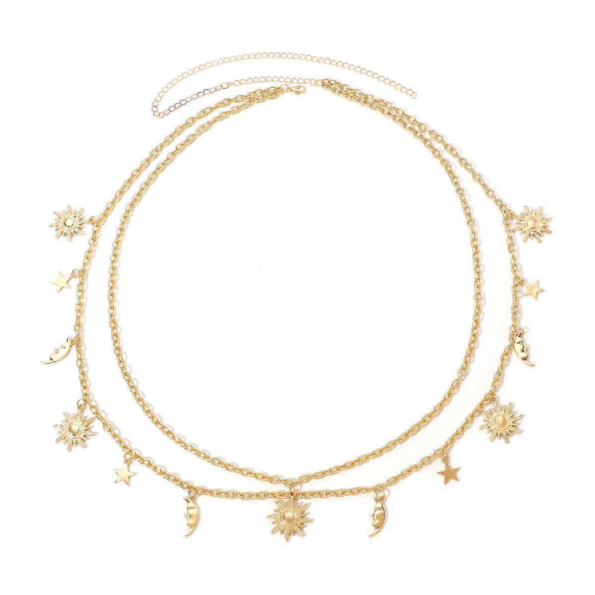 Cadena de cintura de luna y estrella geométrica para mujer con material de hierro galvanizado, cadena de cuerpo multicapa sexy y atrevida