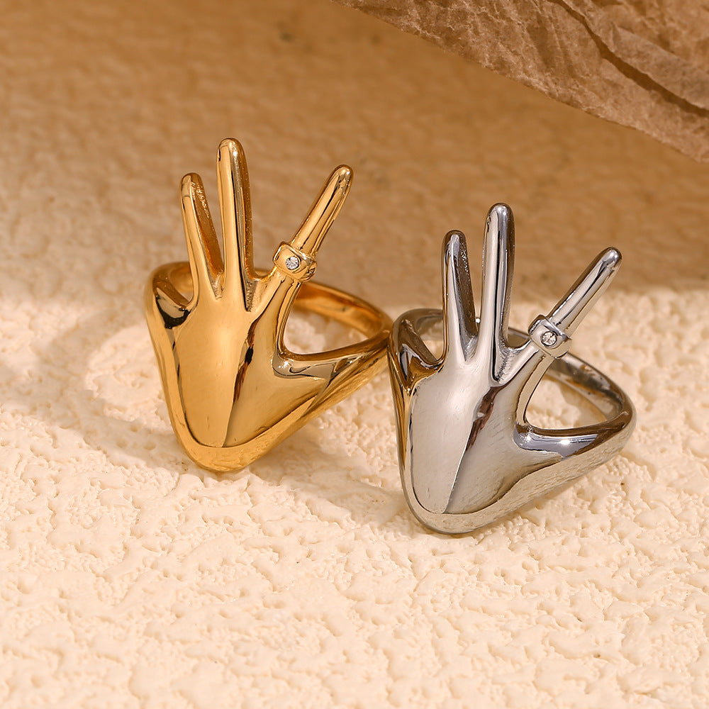 Minimalist Geometric Stainless Steel Plated 18K Gold Ring with Rhinestone Accents for Women