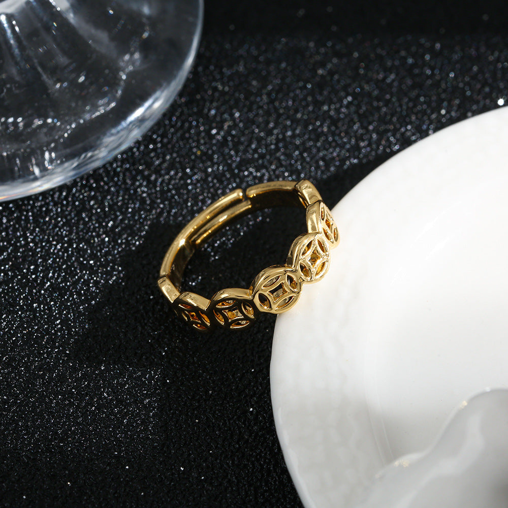 Anello a Fascia Aperta Regolabile in Rame con Placcatura in Oro 18K ad Alta Ritenzione del Colore, Design a Moneta che Preserva la Ricchezza, Anello di Moda Unisex