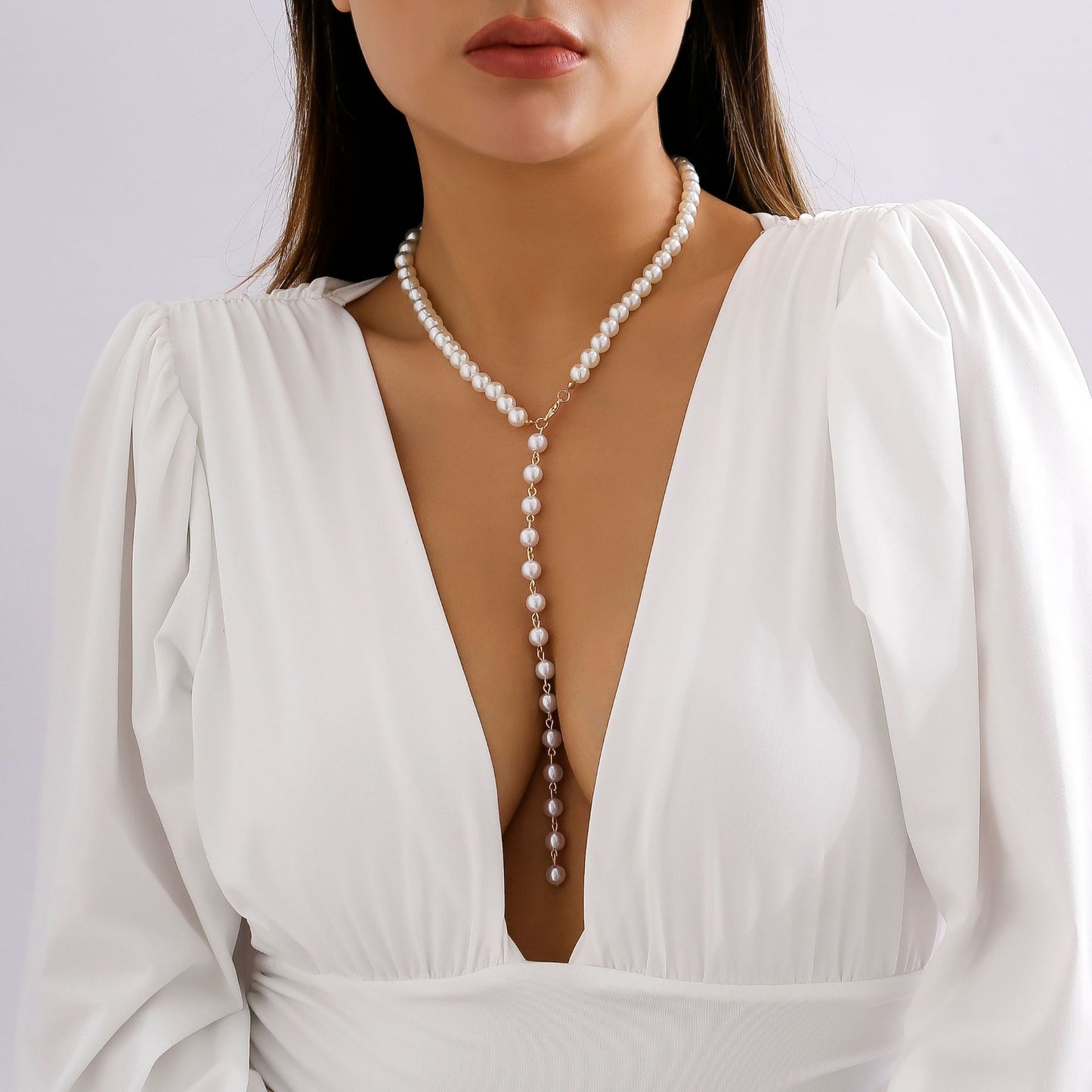 Rustic French-Style Y-Shaped Beaded Necklace with Pearl-Look Tassels and Plated Finish for Women