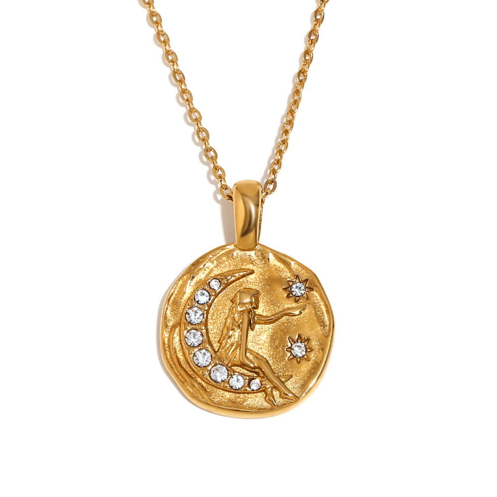Collana da donna vintage in stile francese con ciondolo geometrico Sole e Luna in acciaio inossidabile placcato oro 18K