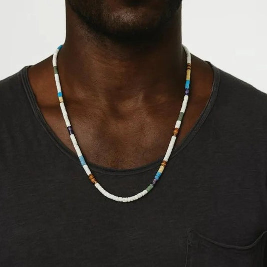Unique Geometric Colorful Natural Gemstone and Wood Beaded Necklace Stainless Steel Cable Chain for Men and Women