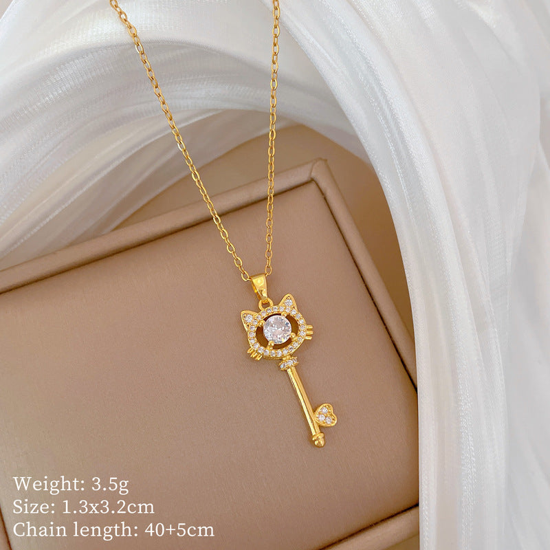 Geometric Minimalist Titanium Steel Lip Chain Necklace with Copper Pendant and Rhinestone Inlay