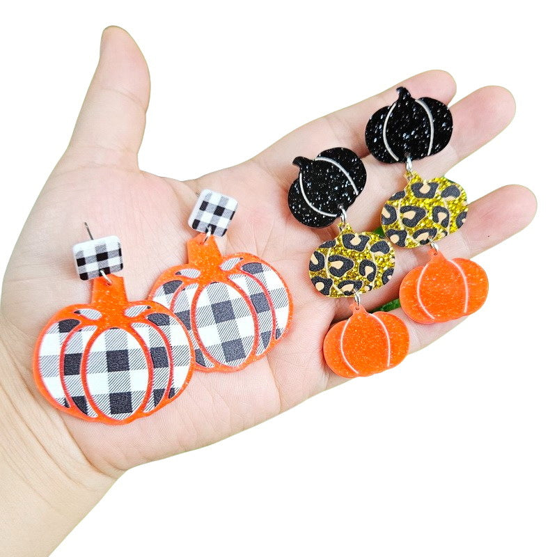 Pendientes acrílicos de calabaza con estampado de leopardo a cuadros blancos y negros para mujer para Halloween, Pascua, otoño