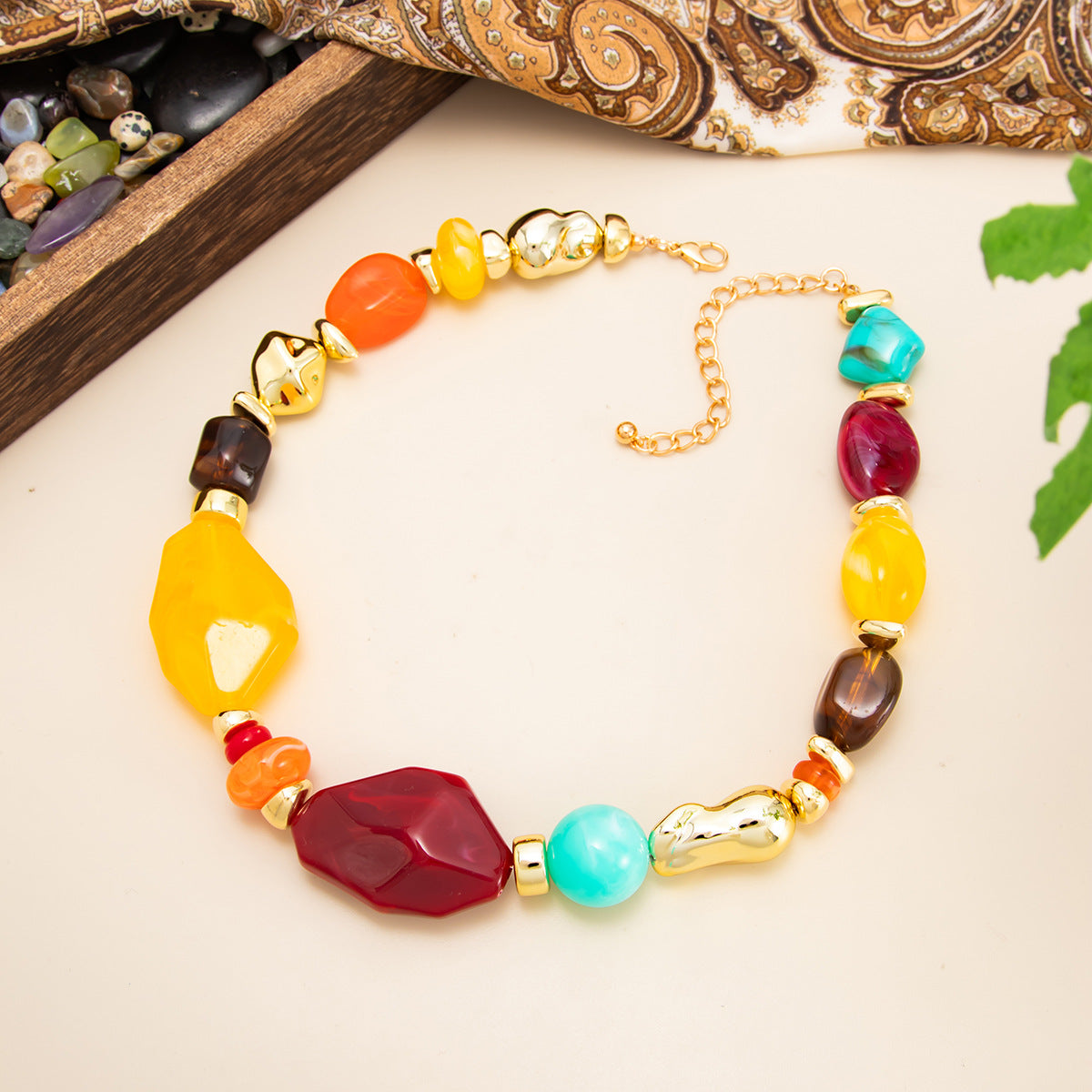 Vintage Geometric Oval Resin and Imitation Pearl Beaded Necklace for Women