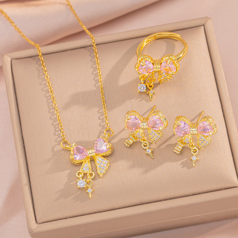 Fashionable Bowknot Pendant Necklace Set for Women in Titanium Steel with Rhinestone Inlay and O-Chain