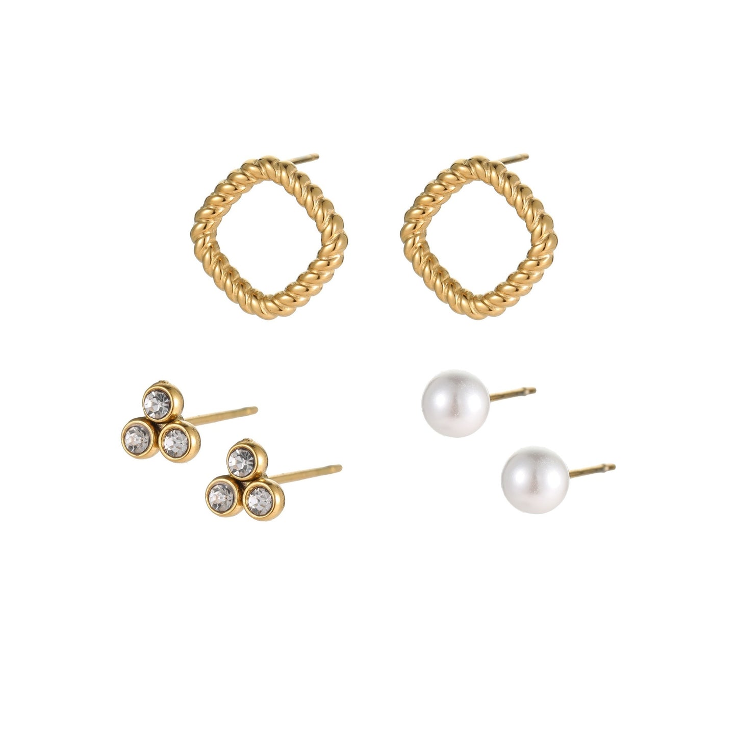Orecchini a perno geometrici in acciaio inossidabile da donna, set da tre con intarsi di strass