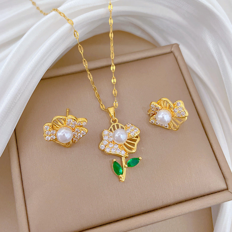 Sweet Minimalist Hollow Leaf Flower Moon Rhinestone Pendant Titanium Steel Necklace Set for Unisex