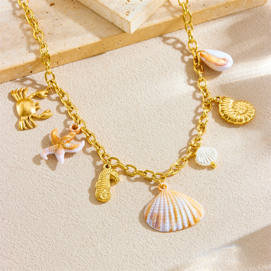 Personalized Ocean-Themed Pendant Necklace for Women with Gold-Plated Stainless Steel Conch Scallop Dolphin and Crab Charms on O-Chain