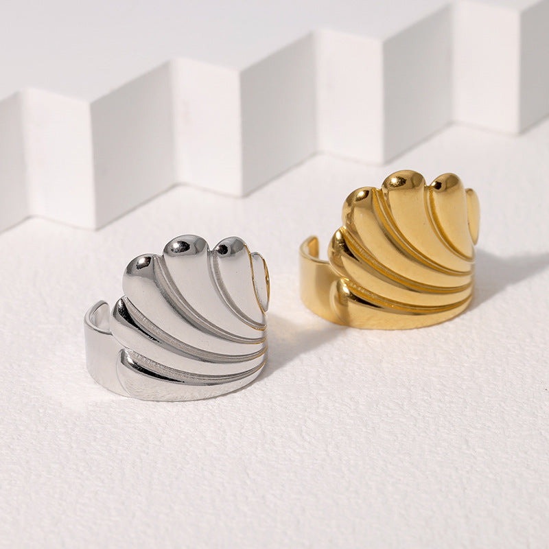 Geometric Minimalist Stainless Steel Ring for Women with Gold Plating, Ocean Wave Pattern, Cool-Tone Retro Fashion Design