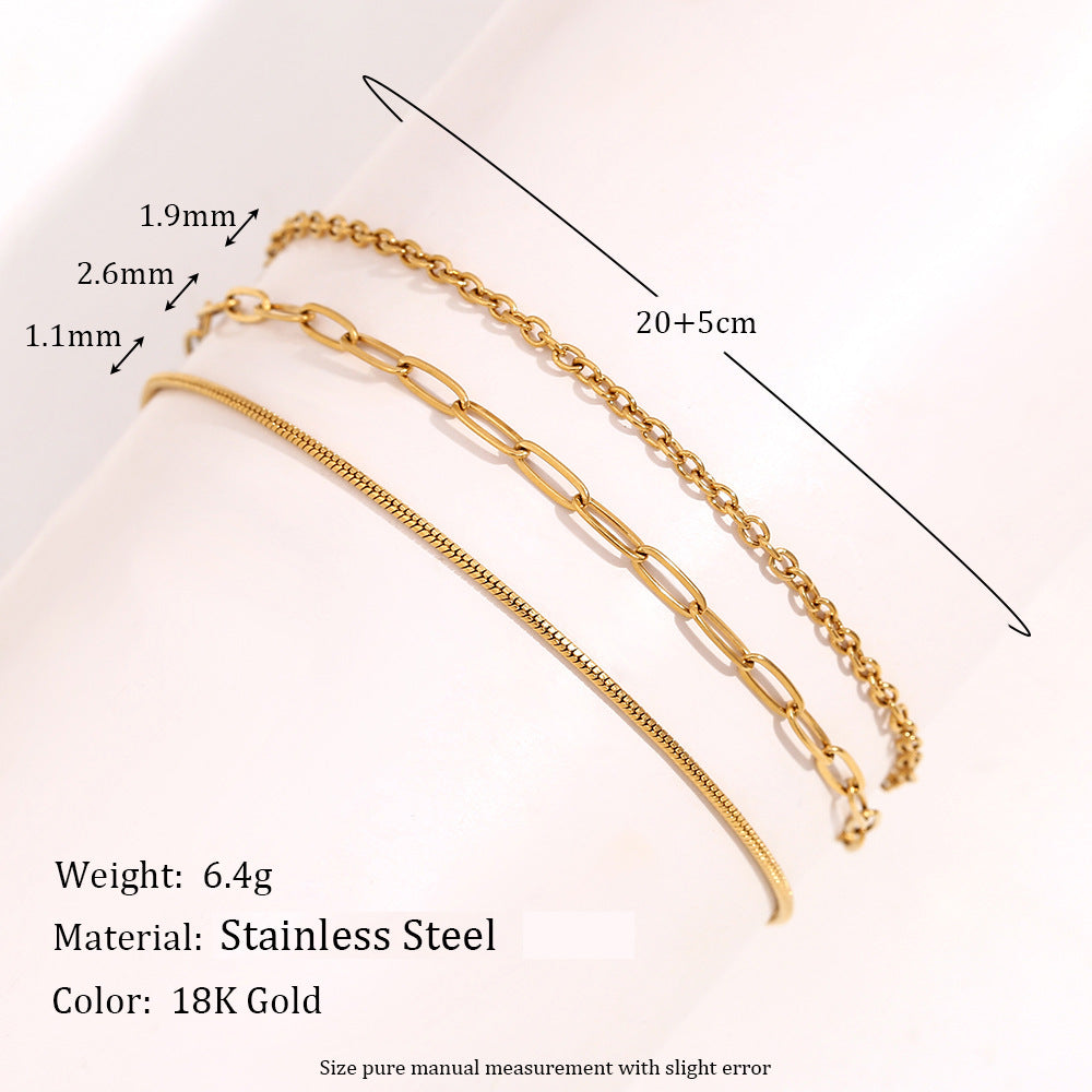 Cavigliera Minimalista Geometrica in Acciaio Inox con Placcatura Oro 18K, Gioiello Elegante a Triplo Strato per Donna