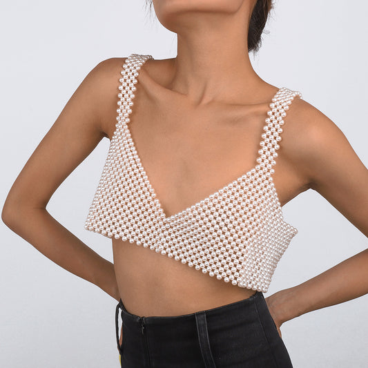 Sweet and Edgy Geometric Pearl Body Chain for Women with Beaded Weave Design